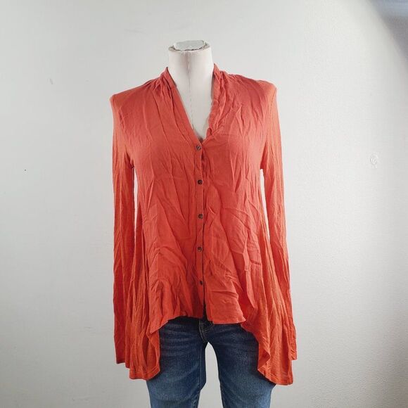 Lucky Brand Women's Orange Long Sleeve V-Neck Asymmetric Hem Button Tunic Top XS - Picture 1 of 7